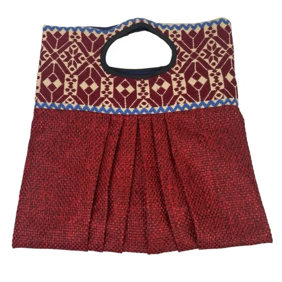 Boho Embroidered Tweed Hobo Hand Bag Pleated Burnt Red Orange Blue - Picture 3 of 6